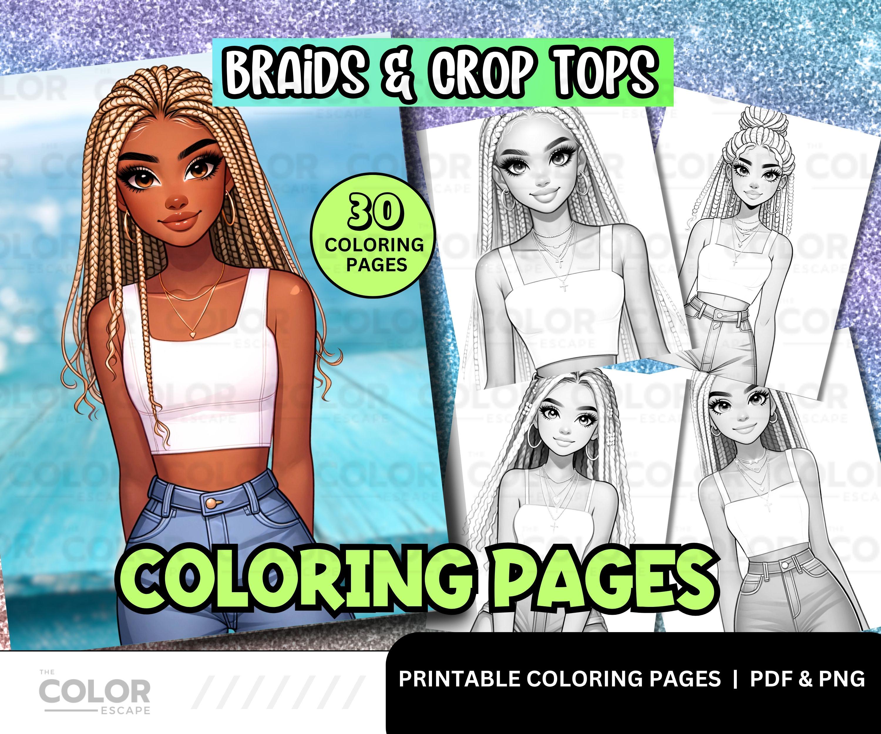 Black Girl Coloring Pages | African American Women with Braids | Printable Adult Coloring Book Download Grayscale Illustration