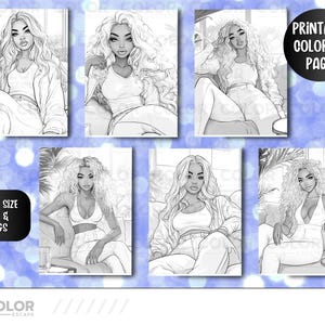 Stylish Fashion Melanin Beauties Coloring Pages | Gorgeous African-American Women Grayscale Illustrations | Black Girl Line Art Download image 4