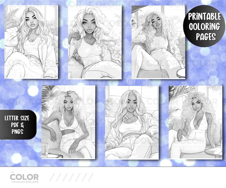 Stylish Fashion Melanin Beauties Coloring Pages | Gorgeous African-American Women Grayscale Illustrations | Black Girl Line Art Download image 4