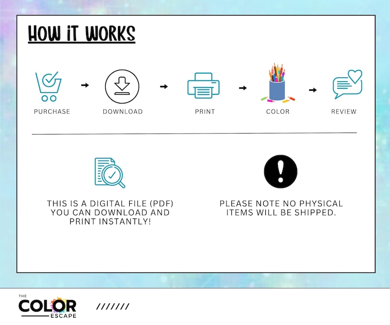 Pu&ograve; includere: Infografica con il titolo "COME FUNZIONA" che mostra un processo: acquista, scarica, stampa, colora e recensisci. Il testo recita: "QUESTO &Egrave; UN FILE DIGITALE (PDF) CHE PUOI SCARICARE E STAMPARE IMMEDIATAMENTE!" e "SI PREGA DI NOTARE CHE NESSUN ARTICOLO FISICO VERR&Agrave; SPEDITO."