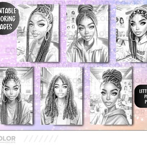 May include: Five black and white coloring pages featuring women with elaborate braided hairstyles. Each page has a different background and the women are wearing different outfits. The text "Printable Coloring Pages" is at the top of the image.