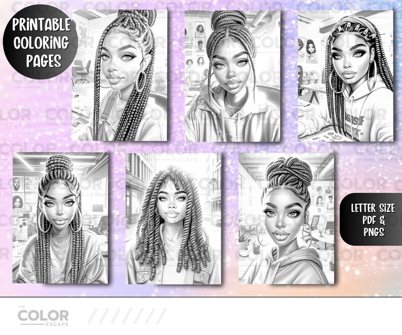 May include: Five black and white coloring pages featuring women with elaborate braided hairstyles. Each page has a different background and the women are wearing different outfits. The text "Printable Coloring Pages" is at the top of the image.
