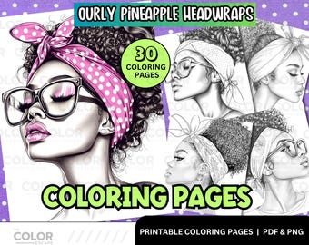Curly Afro Hair Headwraps Digital Download Coloring Page |  Black Woman Natural Hair Coloring | Portrait Line Art for Adults | Grayscale