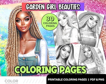 Black Women Garden Girls Coloring Pages | African-American Woman Printable Coloring Pages Download | Grayscale Illustrations