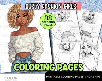 Fashionable Curly Hair Beauties Coloring Pages | Gorgeous African-American Women Grayscale Illustrations | Black Girl Line Art Download
