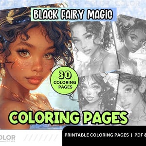 Black Fairy Girls Coloring Pages | Black Girl Magic Fairies Portrait | Natural Hair | Printable Coloring Pages | Digital Download