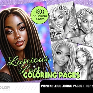 Black Women Locs Coloring Pages | African American Dreadlocks Hairstyle | Printable Adult Coloring Book | Download Grayscale Illustration