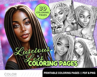 Black Women Locs Coloring Pages | African American Dreadlocks Hairstyle | Printable Adult Coloring Book | Download Grayscale Illustration