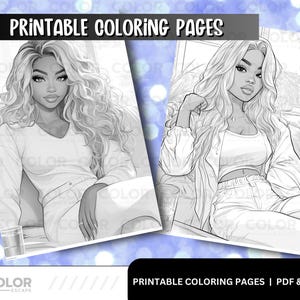 Stylish Fashion Melanin Beauties Coloring Pages | Gorgeous African-American Women Grayscale Illustrations | Black Girl Line Art Download image 2