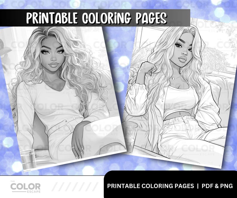 Stylish Fashion Melanin Beauties Coloring Pages | Gorgeous African-American Women Grayscale Illustrations | Black Girl Line Art Download image 2