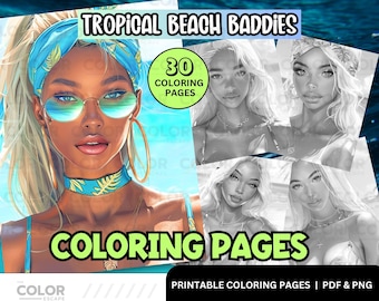 Páginas para colorear de chicas de la Isla Negra / Hermosas mujeres afroamericanas en la playa: páginas para colorear imprimibles / Ilustraciones en escala de grises