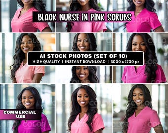 10 Black Female Nurse in Pink Scrubs Art Stock Photos, Commercial Use, African American Professional Medical Portrait  Images Photography
