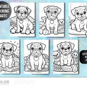 Pu&ograve; includere: Una collezione di pagine da colorare stampabili con adorabili cuccioli di carlino. Ogni pagina mostra una diversa illustrazione di un carlino con vari giocattoli e accessori. Le pagine sono etichettate come "Printable Coloring Pages" e "Letter Size PDF & PNGs".