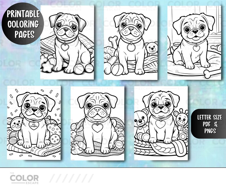 Pu&ograve; includere: Una collezione di pagine da colorare stampabili con adorabili cuccioli di carlino. Ogni pagina mostra una diversa illustrazione di un carlino con vari giocattoli e accessori. Le pagine sono etichettate come "Printable Coloring Pages" e "Letter Size PDF & PNGs".