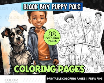 Black Boys and Dogs Coloring Pages | African-American Boys | Digital Printable Kids Download | Animal Activity Book | Puppies Animals