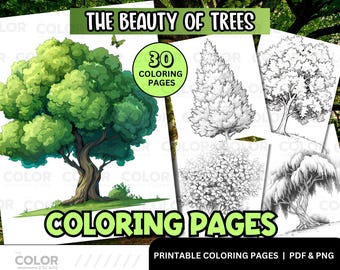 Digital Download Coloring Page - Majestic Trees: Intricate Line Art of Lush Trees - I Love Trees Coloring Book - Relax Nature Illustration