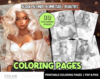 African-American Blonde Women Coloring Pages | Black Blonde Hair Girls | Printable Adult Coloring Book | Download Grayscale Illustration