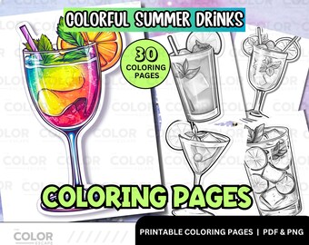Vibrant Summer Drinks Digital Download Coloring Page - Fun Fruity Cocktail Beverages - Tropical Drinks Coloring Book Grayscale Illustrations