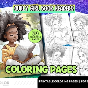 黒人の女の子の読書ぬり絵 | かわいいアフリカ系アメリカ人の女の子 | 巻き毛のアフロナチュラルヘアの印刷可能なぬり絵 | 本を持つ女の子