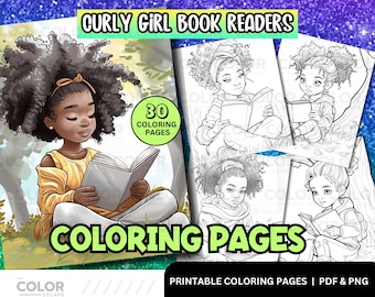 Black Girls Reading Coloring Pages | Cute African-American Girls | Curly Afro Natural Hair Printable Coloring | Girls with Books