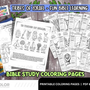 May include: A collection of printable Bible study coloring pages featuring the 12 Tribes of Israel. Each page includes illustrations of symbols and animals associated with each tribe, with the text "Tribes of Israel - Fun Bible Learning" at the top.