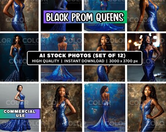 12 Elegant Black Woman Sparkling Blue Gown Stock Photos, Commercial Use, Formal Mermaid Prom Dress Stock Images Photography, Model Marketing