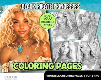 African American Pirate Women Coloring Pages | Black Women with Afro Curly Hair | Printable Coloring Pages Download | Grayscale Illustration