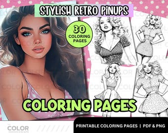Stylish Retro Pinups Coloring Pages | Beautiful Vintage Fashion Model Women with Blonde Hair Adult Coloring | Printable Illustrations