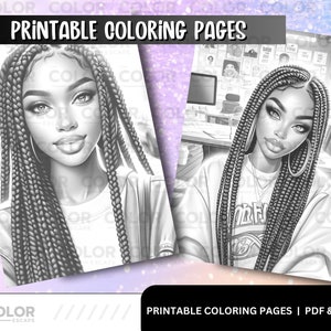 May include: Two black and white coloring pages featuring women with long braids. The first page shows a woman with a white shirt and the second page shows a woman with a graphic tee.