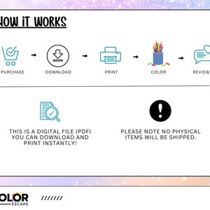 May include: A digital file (PDF) that can be downloaded and printed instantly. The image shows a shopping cart, a download arrow, a printer, a cup of colored pencils, and a speech bubble with a heart. The text "HOW IT WORKS" is at the top of the image. The text "PLEASE NOTE NO PHYSICAL ITEMS WILL BE SHIPPED." is at the bottom of the image.