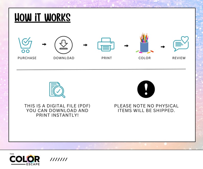 May include: A digital file (PDF) that can be downloaded and printed instantly. The image shows a shopping cart, a download arrow, a printer, a cup of colored pencils, and a speech bubble with a heart. The text "HOW IT WORKS" is at the top of the image. The text "PLEASE NOTE NO PHYSICAL ITEMS WILL BE SHIPPED." is at the bottom of the image.