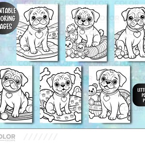 Pu&ograve; includere: Una collezione di pagine da colorare stampabili con adorabili carlini. Ogni pagina presenta una scena diversa con il carlino, alcune con giocattoli e accessori. Le pagine sono disegni a tratto in bianco e nero, perfetti per colorare. Il testo include "PRINTABLE COLORING PAGES" e "LETTER SIZE PDF & PNGS".