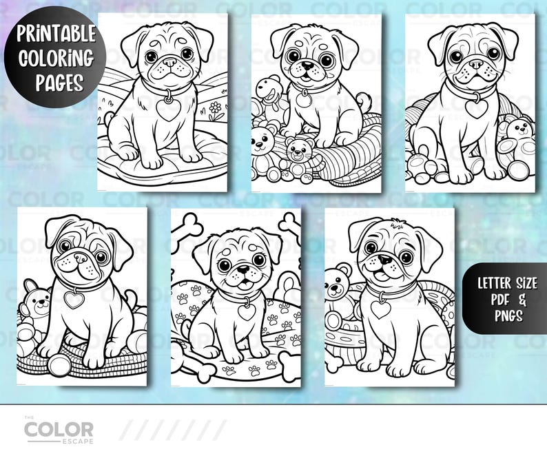 Pu&ograve; includere: Una collezione di pagine da colorare stampabili con adorabili carlini. Ogni pagina presenta una scena diversa con il carlino, alcune con giocattoli e accessori. Le pagine sono disegni a tratto in bianco e nero, perfetti per colorare. Il testo include "PRINTABLE COLORING PAGES" e "LETTER SIZE PDF & PNGS".