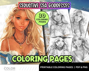 Beautiful Sea Goddesses Coloring Pages | Gorgeous Fantasy Ocean Girls | Printable Coloring Pages Download | Grayscale Illustration