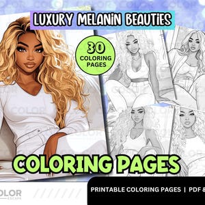 Stylish Fashion Melanin Beauties Coloring Pages | Gorgeous African-American Women Grayscale Illustrations | Black Girl Line Art Download image 1