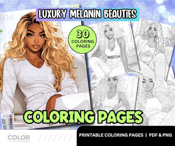 Stylish Fashion Melanin Beauties Coloring Pages | Gorgeous African-American Women Grayscale Illustrations | Black Girl Line Art Download