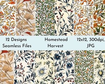 12 Homestead Harvest Digital Downloads, William Morris, Seamless Patterns, Holiday Designs, Country Chic, Americana designs, New Boho