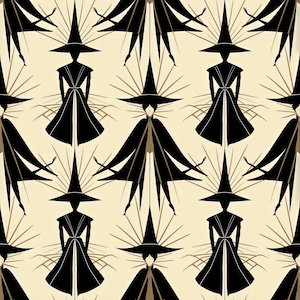 May include: A repeating pattern featuring black silhouettes of figures wearing pointed hats and flared dresses against a cream background. The design includes thin, radiating gold lines behind each figure, creating a structured, symmetrical graphic composition.