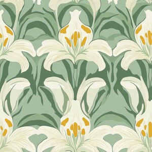 May include: A seamless pattern featuring white lilies with yellow centers on a green background. The lilies are arranged in a symmetrical pattern, with the stems and leaves forming a repeating design.