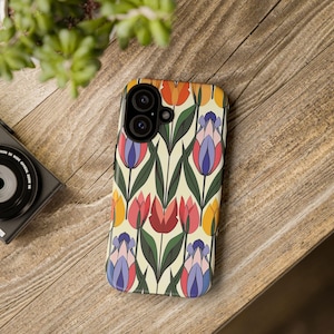 iPhone 16 Phone Case, Tulip Pattern Tough Phone Cases, Pretty Tulip iPhone, Gift for iPhone Lover, Gift for BFF,  Graduation Gift