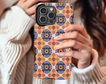 レトロな花柄のスマホケース、かわいいヴィンテージ風の花柄iPhone＆Samsungカバー、カラフルな70年代風の保護ケース、彼女への楽しいギフト！