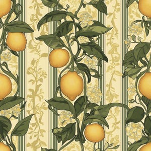 Könnte beinhalten: Ein nahtloses Muster mit Zitronen, grünen Blättern und weißen Blüten auf einem hellgelben Hintergrund mit vertikalen Streifen. Das Design hat eine Vintage- und botanische Ästhetik mit einem sich wiederholenden Motiv aus Zitrusfrüchten und Blättern.