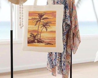 Tropical Palm Tree Cotton Canvas Tote Bag, Beach Vacation Gift, Vintage Maui Sunset Bag, Coastal Canvas Market Bag, Island Luxury Accessory