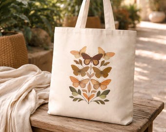 Artisan Butterfly Cotton Canvas Tote Bag, Spring Botanical Gift for Her, Boho Chic Butterfly Pattern Tote, Beach Tote Bag,Travel Accessory,