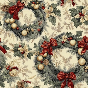May include: A repeating pattern featuring Christmas wreaths made of dark green pine needles, decorated with shiny gold ornaments, red bows, pinecones, and holly berries on a cream-coloured background. The design includes sprigs of greenery.