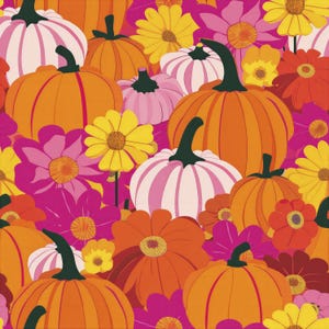 May include: A repeating pattern featuring orange and light pink pumpkins interspersed with vibrant yellow, magenta, and orange flowers. The design showcases a dense arrangement of pumpkins with dark green stems and various floral blooms.
