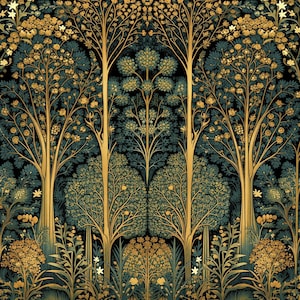 May include: A repeating pattern featuring stylised trees with golden trunks and branches set against a dark teal background. The design includes intricate foliage, clusters of golden flowers, and small white blossoms arranged in a symmetrical forest scene.