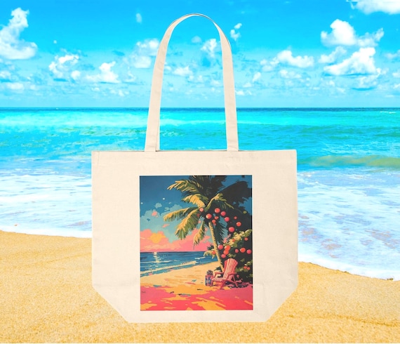 Cotton Canvas Tote Bag, Pretty Tropical Design Tote, Coastal