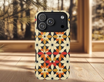 Retro Daisy Phone Case, Earth Tone Floral iPhone Samsung Tough Cover, Colorful 70s Flower Case, Boho Protective Phone Case  Gift for Her