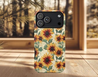 Vintage Sunflower Phone Case, iPhone 15-17, Samsung 23-25 Tough Phone Case, Floral Protective Cover, Trendy Retro Botanical Phone Cover,